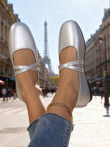 rlyza Cross Strap Mary Jane Flat Shoes For Women Square Toe Low Vamp Retro Niche Sweet Cool Style Versatile Shoes - Silver - View 2