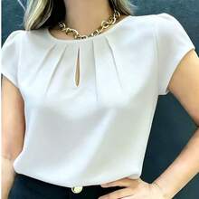 1pc Elegant Short Sleeve Solid Color Woven Fabric Pleated Decor Women's Top, Suitable For Vacation, College, Home, Dating, Spring And Summer Wear - White - View 3