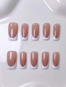 10pcs Handmade Wearable Full Coverage Nail Stickers, Reusable Square Medium Coffee French Style Nail Art Stickers, Suitable For Girls And Office Workers, Minimalist Nail Art - Mocha Brown - View 2