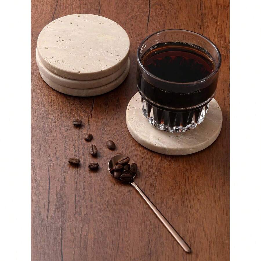 Round Natural Agate Stone Coaster, Non-Slip Cork Bottom Heat-Resistant Beverage Coaster, Suitable For Coffee Tea, Home Desktop Decoration - Beige - View 1