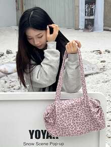 Pink Leopard Print All-Over Pattern Tote Bag, Wide Handle Shoulder Carry, Large Capacity Storage For Laptop, Makeup And Personal Items, Zipper Closure, Sweet Cool Style, Boston Underarm Tote Bag, Women's Daily Use For School, Shopping And Outings - Pink - View 8