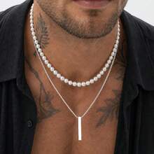 Bộ 2 dây chuyền choker nam phối nhiều lớp bằng thép không gỉ, mặt thanh dài hình vuông đính hạt, màu vàng/bạc thời trang - Thanh hình chữ nhật - Xem 1