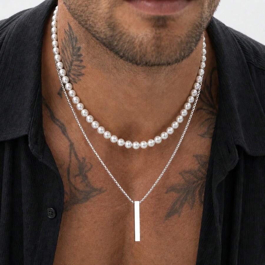 Bộ 2 dây chuyền choker nam phối nhiều lớp bằng thép không gỉ, mặt thanh dài hình vuông đính hạt, màu vàng/bạc thời trang - Thanh hình chữ nhật - Xem 1