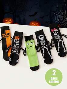 2 Pairs Random Style Women's Halloween 3D Arm Bone Mid-Calf Socks, Pumpkin Skull Monster Jacquard Fun Creative Holiday Party Cosplay Socks - Multicolor - View 1