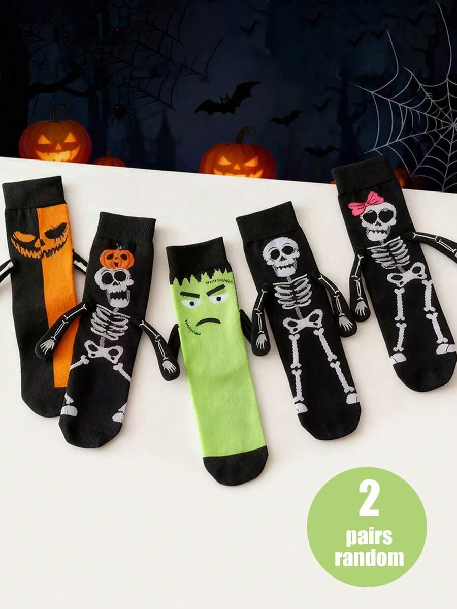 2 Pairs Random Style Women's Halloween 3D Arm Bone Mid-Calf Socks, Pumpkin Skull Monster Jacquard Fun Creative Holiday Party Cosplay Socks - Multicolor - View 1