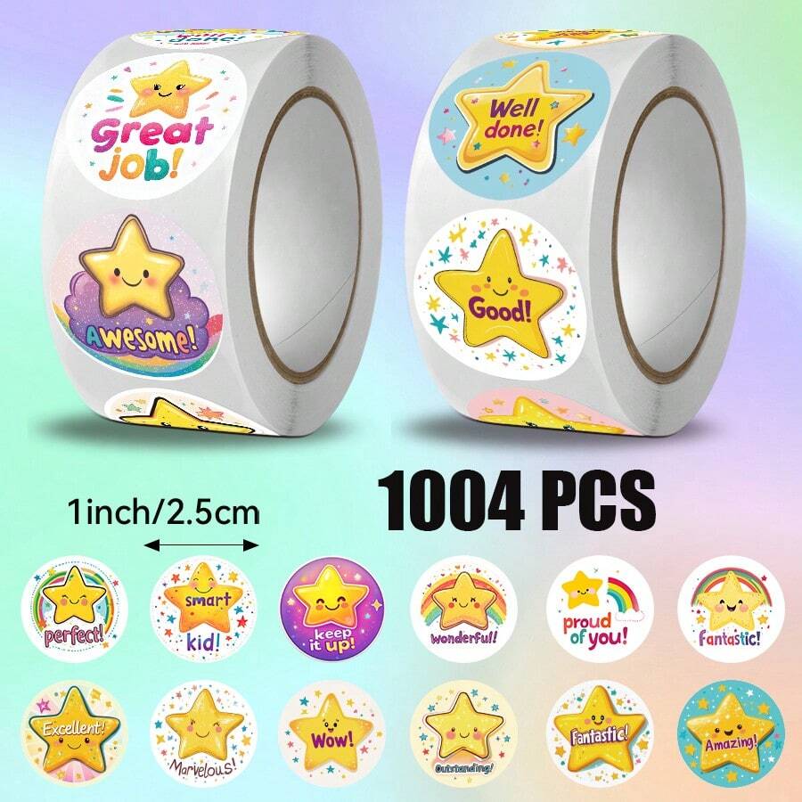 2 rol/1004 buah, Stiker Segel Amplop Perekat Bulat, Stiker Dekoratif untuk Scrapbook, Pola Motivasi/Penyemangat Ekspresi Bintang, Bahan Kolase untuk Perencana, Segel Kemasan Hadiah Natal, Dekorasi Kotak Hadiah Toples Penyimpanan - MultiWarna - View 1