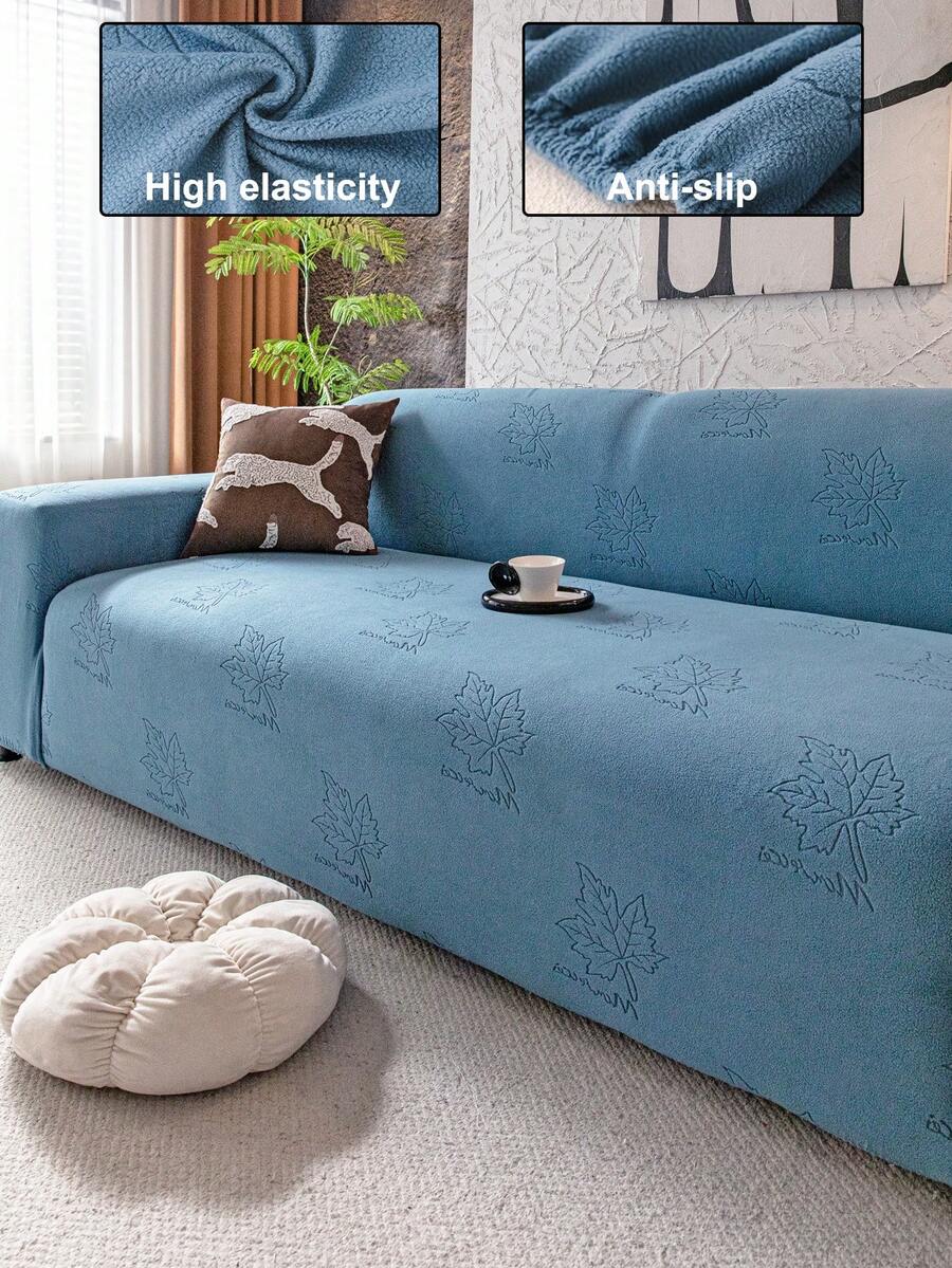 1pc Solid Color Fleece Autumn Maple Leaf Pattern, Pet-Friendly Old Sofa Refurbishment, Furniture Renewal Low-Cost Refurbishment, Suitable For Most 1-4 Seat Sofas - Blue - View 1