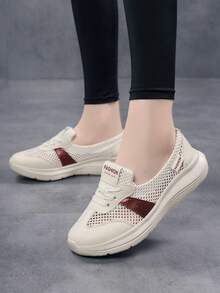Plus Size Women's Summer Walking Shoes, Colorblock Hollow Mesh Breathable Soft Sole Non-Slip Work Shoes, Slip-On 2-In-1 Casual Shoes - Beige - View 5