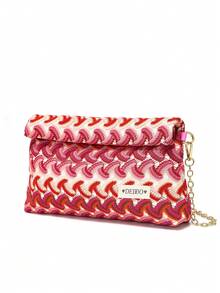 女款信封折疊手拿包，漸層波浪蕾絲圖案布料，可拆卸金屬鏈條，吊牌裝飾，波希米亞優雅風，適合派對、度假 - 紅色 - 查看 5