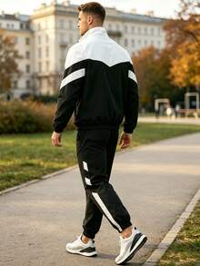 1 Set Men's Autumn Colorblock Stand Collar Zip-Up Jacket & Joggers 2 Pieces Set, Urban Gathering Street Casual Sports Outfit - Black and White - View 3