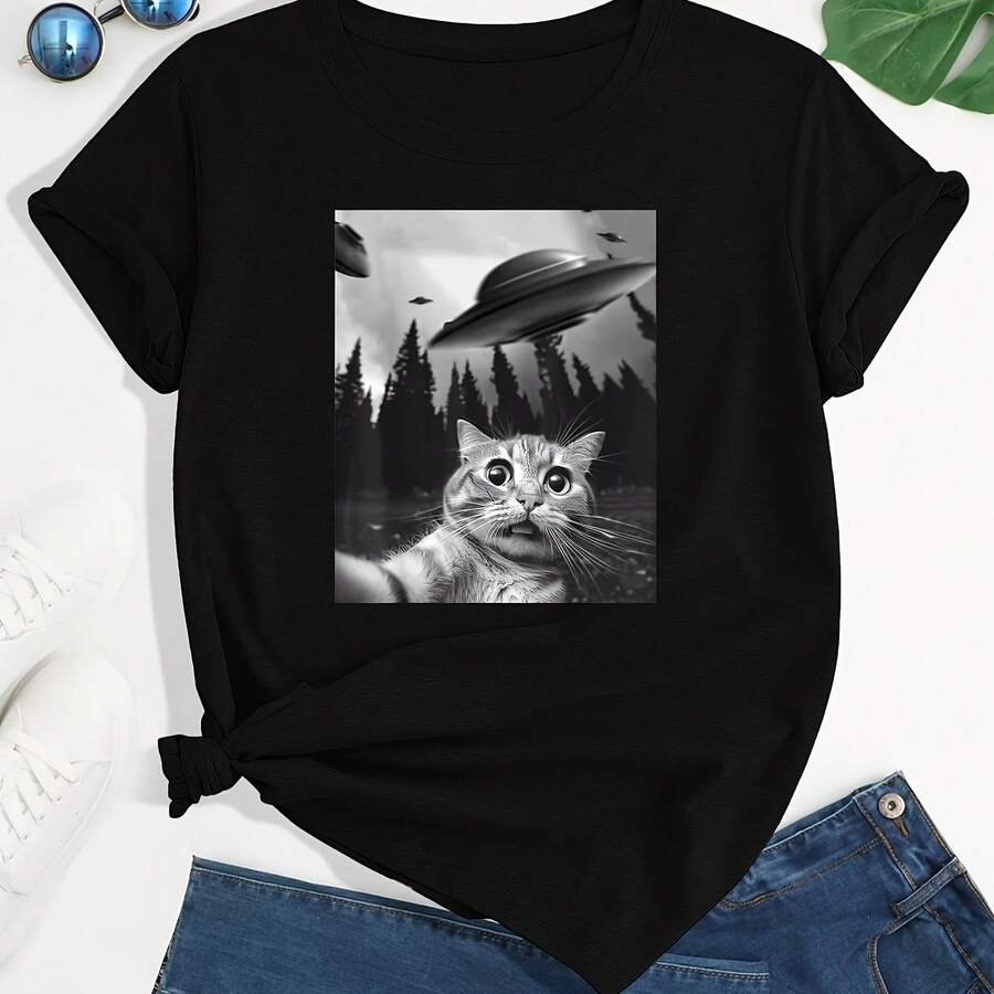 Cat & UFO Print Crew Neck T-Shirt, Casual Short Sleeve T-Shirt For Spring & Summer, Women's Clothing - Style - View 1