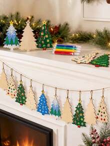 12pcs Wooden Christmas Tree Decorations, DIY Blank Wooden Hanging Ornaments, Suitable For Christmas Tree Handmade Crafts And Winter Party Decor (Beige Christmas Tree) - Multicolor - View 6