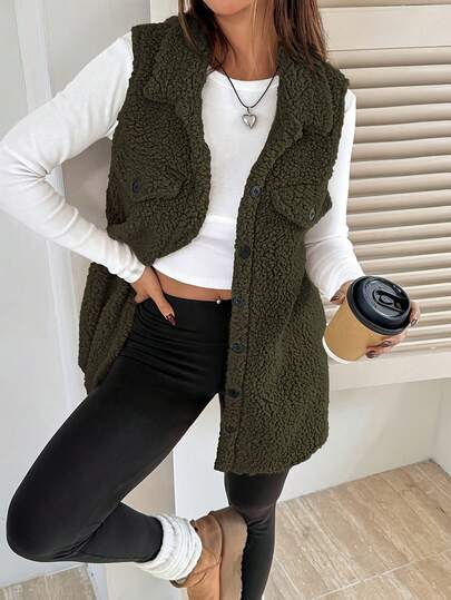 Autumn/Winter Solid Color Buttoned Mid-Length Machine Washable Dry Clean Sleeveless Vest, Winter Teddy Bear Vest, Women's Elegant Faux Vest] Casual