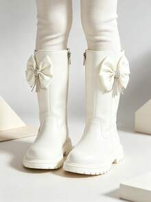 1 Pair Cream White Satin Bow Rhinestone Tassel Decor Smooth Faux Leather Side Zipper Round Toe High Shaft Thick Sole Sweet Princess Style Children's Tall Boots For Party Holiday Daily Wear - White - View 5