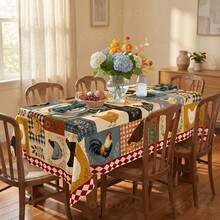 Farmhouse Rooster Patchwork Tablecloth, Rectangular Country Kitchen Table Cover With Chicken Print, Rustic Dining Room Decor For Everyday Meals, Family Gatherings, Cottage Home And Seasonal Styling - A - View 2