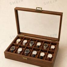 3/6/10/12 Grid Wooden Watch Storage Box With Glass Lid, Walnut Wood Watch Display Storage Box, Dust-Proof Velvet Lining, Men's And Women's Watch Collection Box, Birthday Christmas Gift - Walnut Wood - Inner Brown - View 1