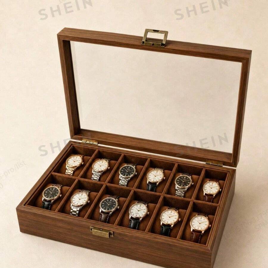 3/6/10/12 Grid Wooden Watch Storage Box With Glass Lid, Walnut Wood Watch Display Storage Box, Dust-Proof Velvet Lining, Men's And Women's Watch Collection Box, Birthday Christmas Gift - Walnut Wood - Inner Brown - View 1