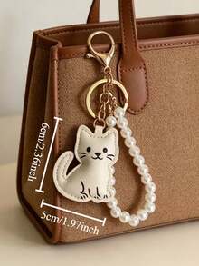 1 buah Gantungan Kunci Kulit PU Motif Kucing Tersenyum Kartun untuk Wanita dengan Rantai Mutiara Imitasi, Gantungan Kunci Tas, Ransel, Mobil, Jahitan Tangan, Hadiah Kecil Kreatif untuk Pecinta Kucing - MultiWarna - View 3
