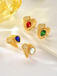 1pc Vintage Woven Pattern Copper Material Inlaid Colorful Teardrop Zirconia Open Ring, Women's Evening, Wedding, Party, Holiday Gift Accessory - Multicolor - View 2