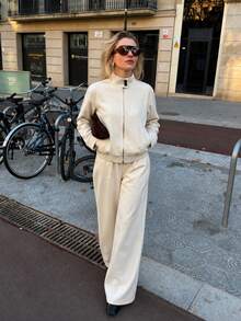 Women's Casual Cream Color 2 Pieces Set, Autumn/Winter Wool Fabric, Includes Zipper Jacket And Wide Leg Pants, Vintage Daily Outfit Set, With Pockets - Apricot - View 6
