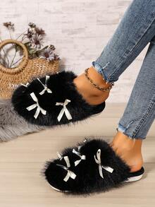 Bowknot Plush Closed-Toe Slippers, New Autumn/Winter Home Warm Cute Fuzzy Slippers For Indoor And Outdoor Wear - Black - View 4