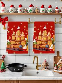 2pcs Christmas Gingerbread Castle And Cookie Print Kitchen Towels, Colorful Candy Winter Village Design Dish Cloths, Suitable For Kitchen Cleaning & Christmas Decor - Red - View 8