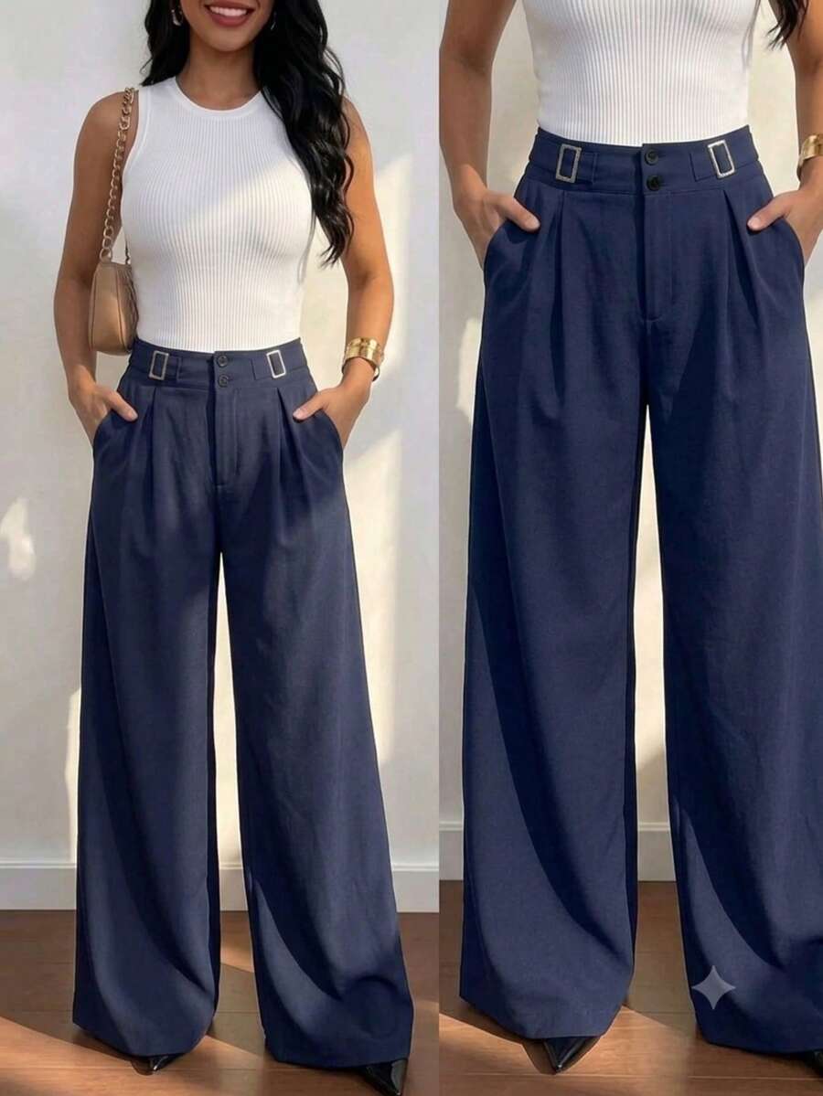 Women's Autumn High Waist Metal Buckle Detail Wide Leg Pants, Navy Blue Pleated Wide Leg Trousers Suitable For Office And Daily Commute - Navy Blue - View 1