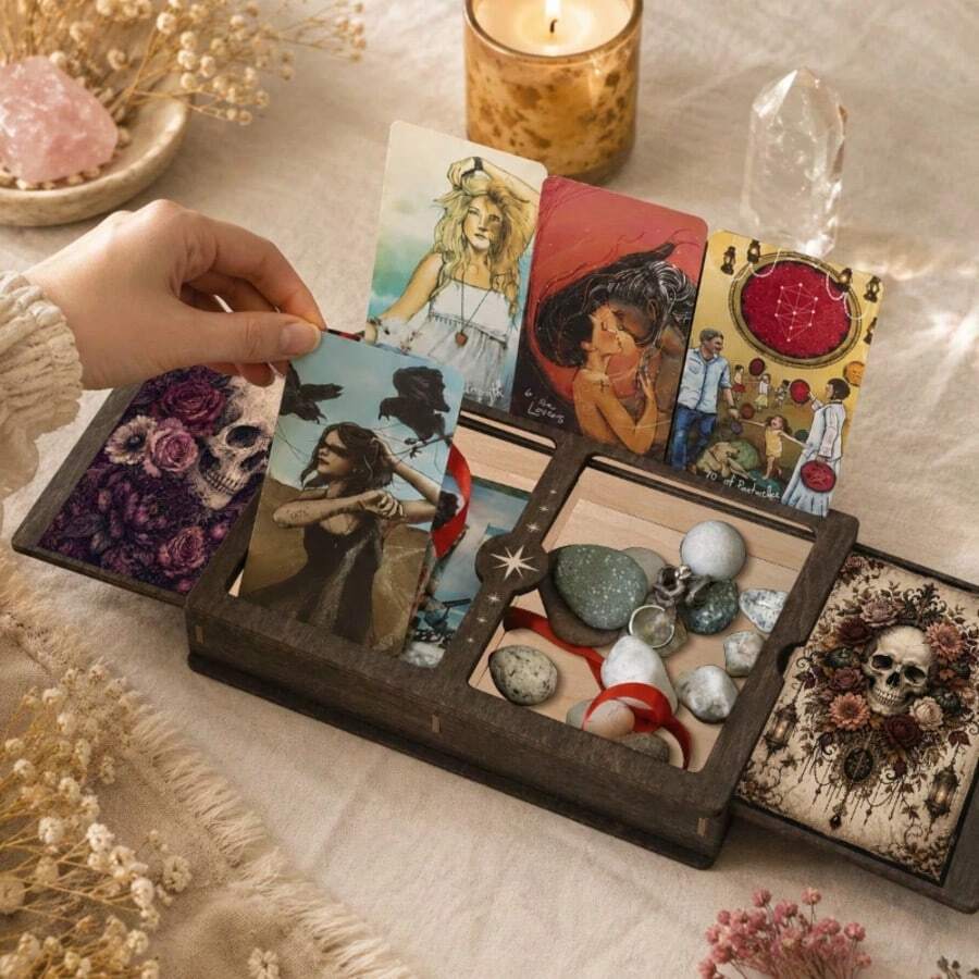 1pc Vintage Dual-Compartment Wooden Tarot Card Box, Wooden Card Storage Box. Perfect For Storing Cards And Memorabilia, An Ideal Gift For Halloween, Christmas And Thanksgiving - 1PC - View 1