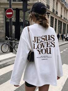 Plus Size Women's Leopard Print "Jesus Loves You" Bible Verse Long Sleeve T-Shirt, Moderate Stretch Crew Neck Loose Casual Autumn Top - White - View 5