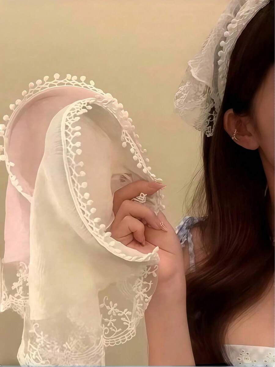 3Pcs French Lace Pom‑Pom Trim Headscarf Vintage Boho Hair Wrap For Women - Multicolor - View 1