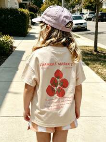 Baby Girl "Farmers Market" Tomato Print Short Sleeve T-Shirt, Casual Round Neck Top - Apricot - View 2