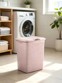 Plastic Rattan Laundry Hamper With Lid, Large‑Capacity Breathable Dirty Clothes Basket With Sturdy Handles & Dust‑Proof Cover, For Bathroom, Laundry Room, Bedroom & Closet, Perfect For Family And Dorm Students To Store Garments, Towels & Linens - Multicolor - View 3