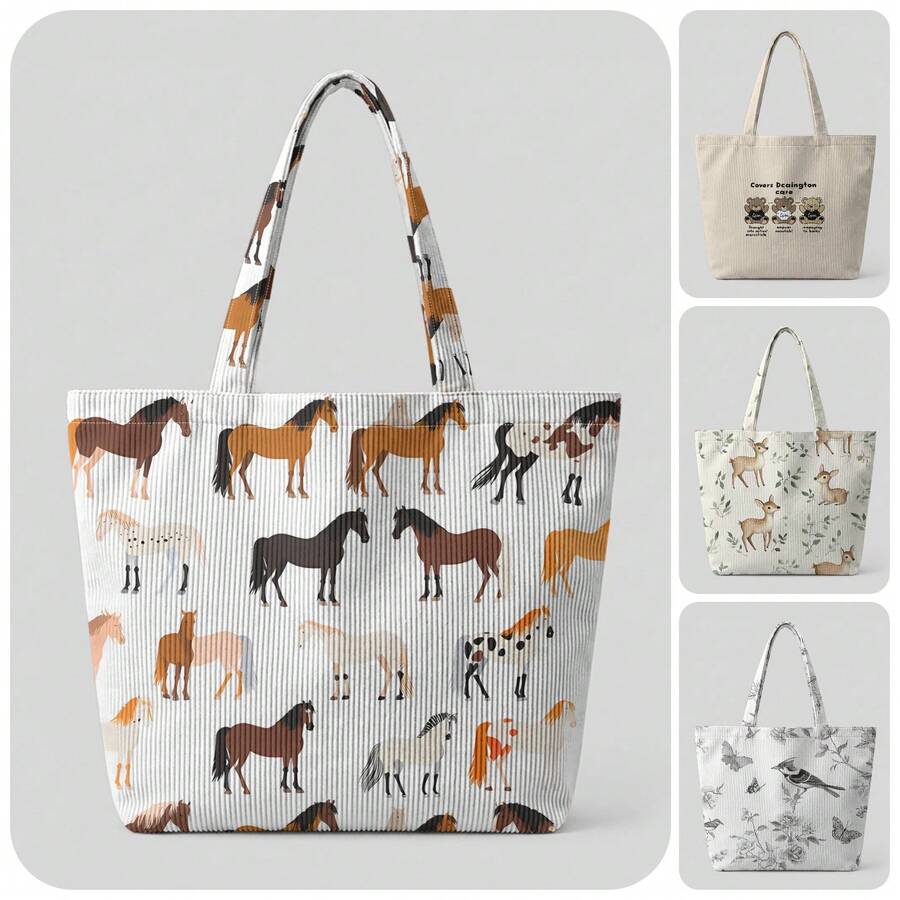1Pc Horse All‑Over Print Corduroy Large Capacity Open Top Tote Bag, Holds Books Daily Essentials For Student School Shopping Daily Travel - Multicolor - View 1