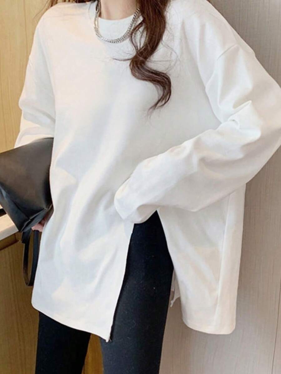 Bright White Long Sleeve Top, Loose Fit With Dropped Shoulder And Split Hem Design, Early Autumn Vibrant Girl Style Slimming Casual T-Shirt - White - View 1