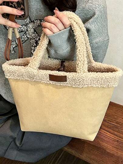 Vintage Handheld Fuzzy Tote Bag For Women, Cute Plush Mini Tote Bag For Winter
