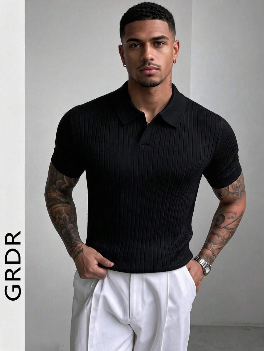 GRDR 男士夏季纯色 Polo 领短袖针织衫，适合夏季外出穿着，时尚造型必备单品