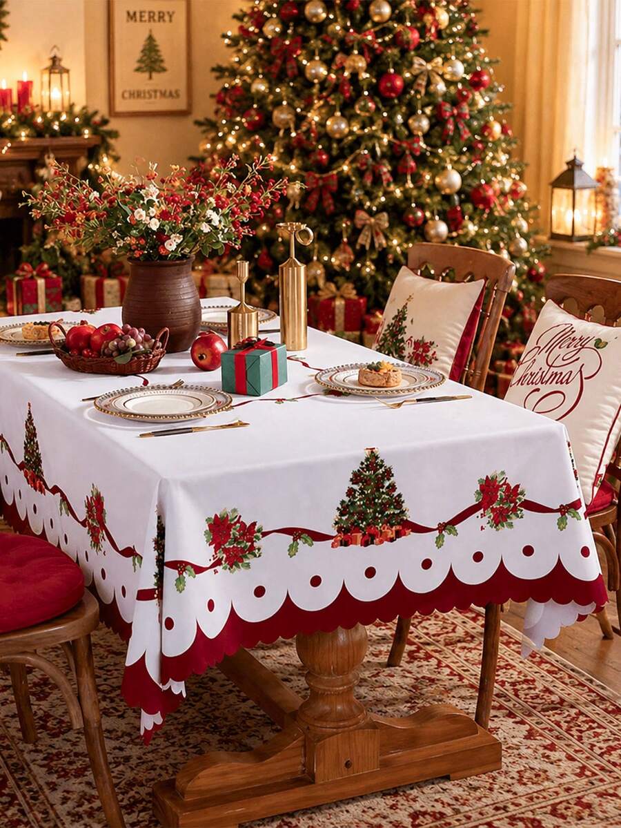 1pc Red Christmas Tablecloth, Floral And Bow Design, Rectangular Christmas Dining Tablecloth, Suitable For Holiday Parties, Kitchen And Home Decor - Multicolor - View 1