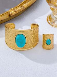 2pcs/Set European & American Fashion Exaggerated Faux Pearl Ring & Open Cuff Bracelet Jewelry Set For Women - Yellow Gold - View 8