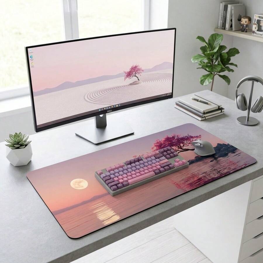 Pink Cherry Blossom Tree Full Moon Reflection On Quiet Lake Pattern Extra Long Gaming Mouse Pad And Desk Mat Set, Non-Slip Durable Rubber Base, Smooth Surface Suitable For Computer Laptop Office Home, Abstract Art Decor, Back To School Supplies - A - View 1
