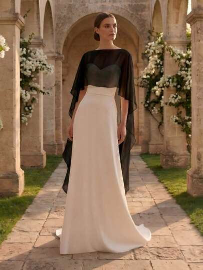 1 pieza Chal elegante de gasa para mujer, capa negra, chaleco de camisa de vestido de noche, top de chal transparente vintage francés nuevo de verano