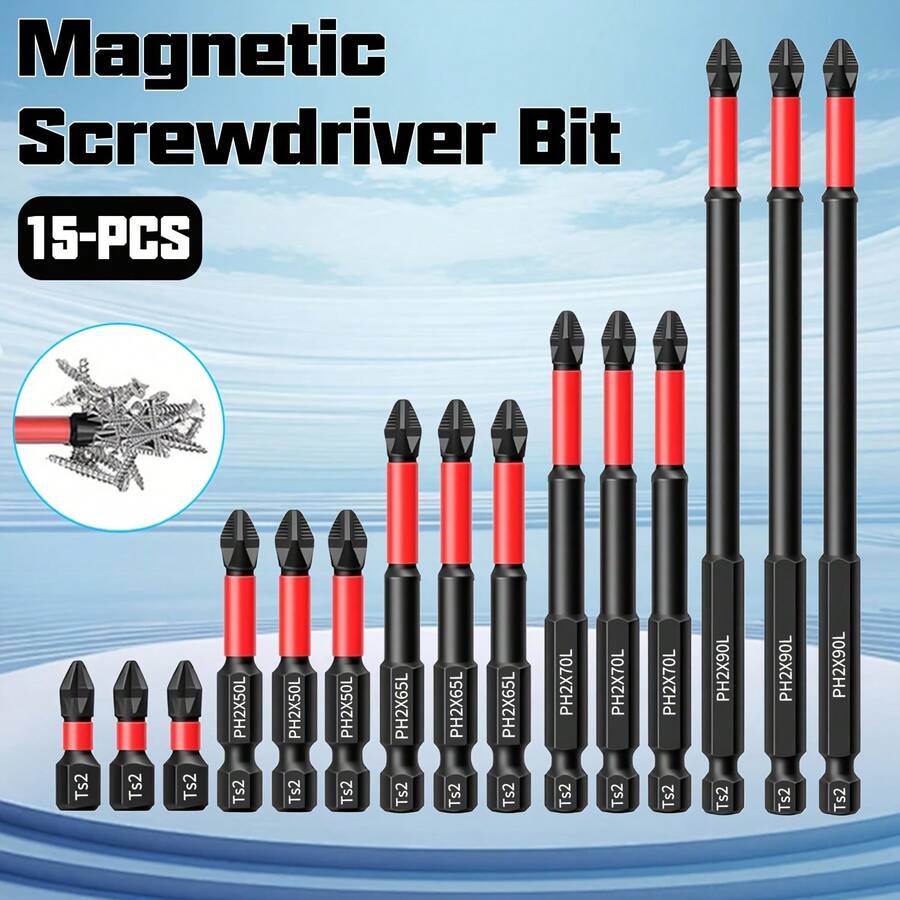 15pcs Magnetic Screwdriver Bit Set, Magnetic Screwdriver Drill Bit Set, High Torque Screwdriver Drill Bit, Quick Change Screwdriver Bits, 1/4" Shank, , For Electric& Manual Drivers - 15pcs - View 1