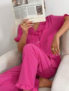 2pcs Women's Pajama Set, Classic Striped Ruffle Trim Short Sleeve Long Pants Pajama Set, Open Front Lapel Comfortable Pajamas - Soft Short Sleeve Button Up Top And Elastic Waist Long Pants, Casual Loungewear - Hot Pink - View 6