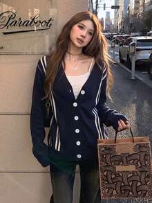 Autumn/Winter Striped V-Neck Loose Casual Versatile Long Sleeve Cardigan - Blue - View 1