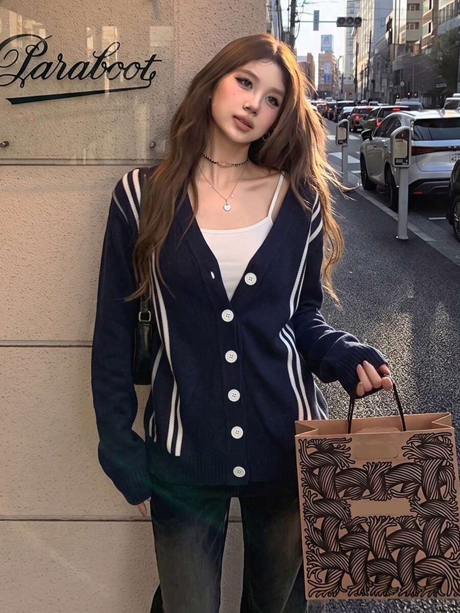 Autumn/Winter Striped V-Neck Loose Casual Versatile Long Sleeve Cardigan - Blue - View 1