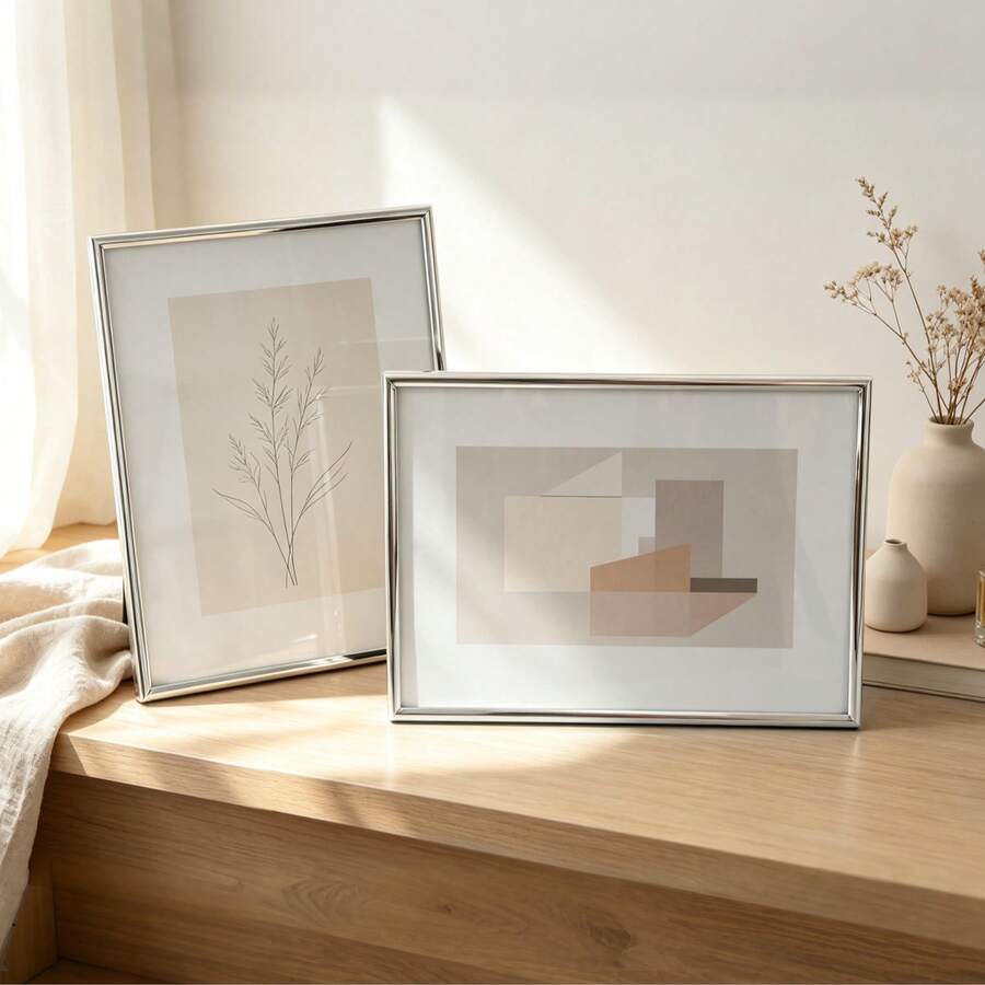 2pcs Silver Plated Metal Glass Photo Frames, European Minimalist Thin Edge INS Style, 4*6 5*7 8*10 Inches, Desktop Home Decor, Horizontal And Vertical Placement - 2pcs - View 1