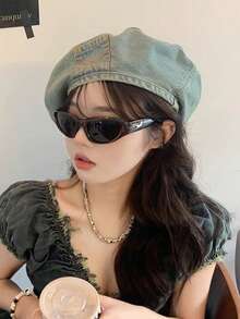 1pc Women's Vintage Distressed Washed Denim Pocket Beret Hat, Large Head Circumference, Versatile Elegant Painter Hat, Octagonal Cap - Multicolor - View 12
