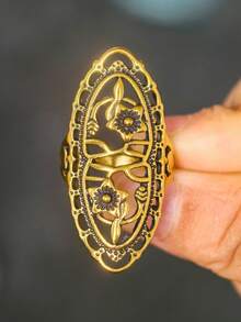 1pc Vintage Hollow Carved Gold-Tone Long Ring, 4 Color Options - Ancient Bronze - View 9