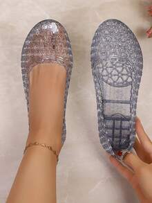 Transparent Shiny Blue PVC Hollow Woven Round Toe Low Vamp Jelly Sandals Women Flat Breathable Crystal Shoes Summer Fairy Style - Blue - View 1