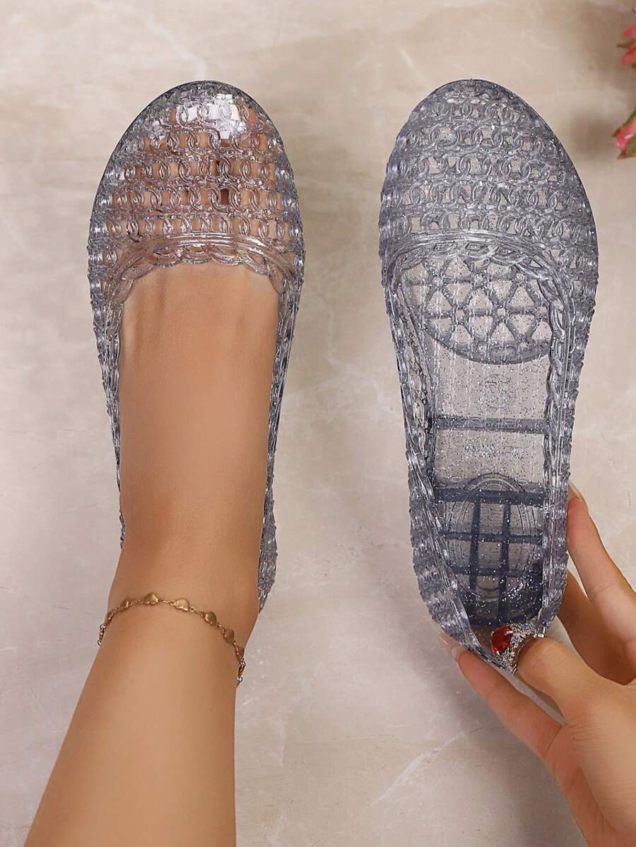 Transparent Shiny Blue PVC Hollow Woven Round Toe Low Vamp Jelly Sandals Women Flat Breathable Crystal Shoes Summer Fairy Style - Blue - View 1