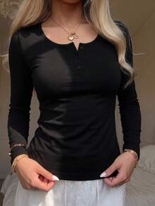 Women's Casual Slim Fit Fleece Long Sleeve Button Top, Round Neck, Soft Warm Black Tee, Fall Winter Daily Wear, Layering Shirt - Black - View 3